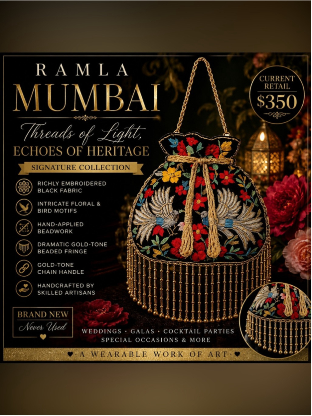 RAMLA Mumbai Embroidered Bird Fringe Bag, NWOT